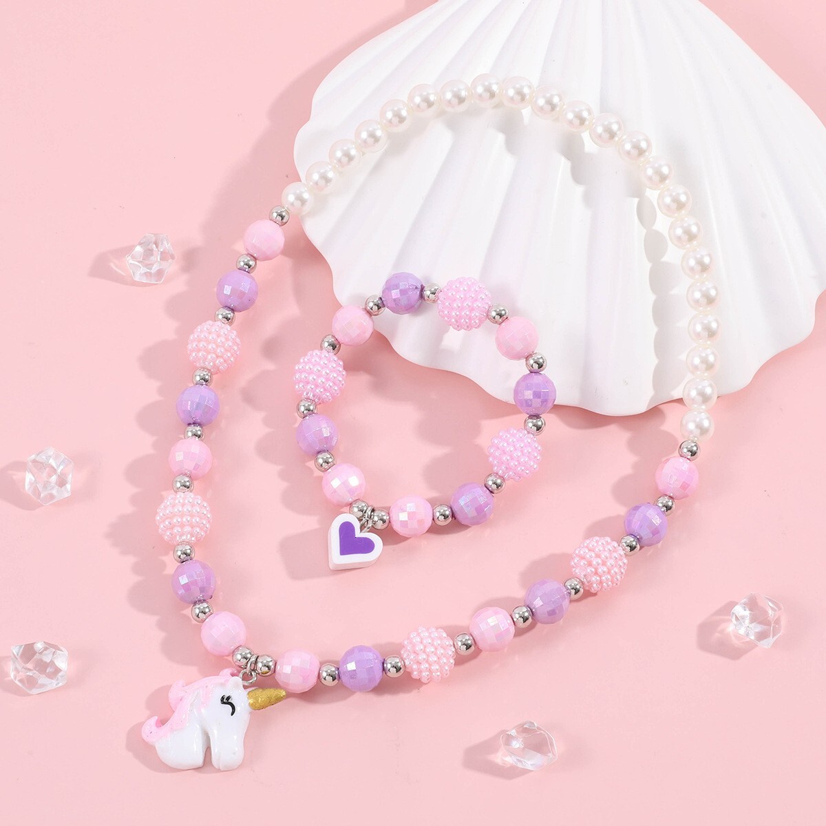 Children Necklace & Bracelet Set Cute Unicorn Pink Beads Jewellery Kids