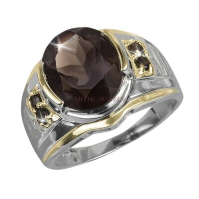Natural Smoky Quartz with 14K White Gold Plated Silver Ring for Men's #1433
