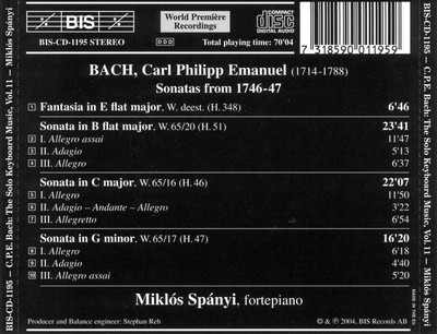 MIKLÓS SPÁNYI C.P.E. BACH: THE SOLO KEYBOARD MUSIC, VOL. 11 NEW CD