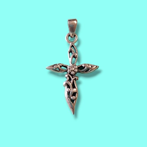 Sterling Silver Flower Floral Cross Pendant Catholic Christian