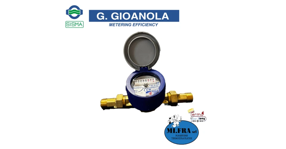 Gioanola Contatore Acqua 1/2' Quadrante Asciutto BLU C/Coperchio C/Raccordi - Immagine 2 di 4