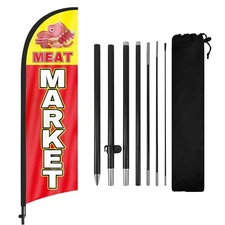 Meat Market Swooper Flag 8FT with Pole, Feather Banner for Butcher Shop Ads