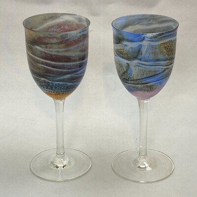 Vintage 1977 STEVEN MASLACH Signed Hand Blown VOLCANO EARTH 7 1/2'' Wine Glasses
