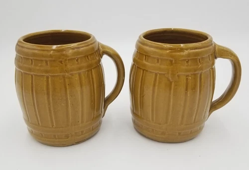 2 Vintage 1920-30's Pottery Stoneware Barrel Beer Coffee Mug Mugs