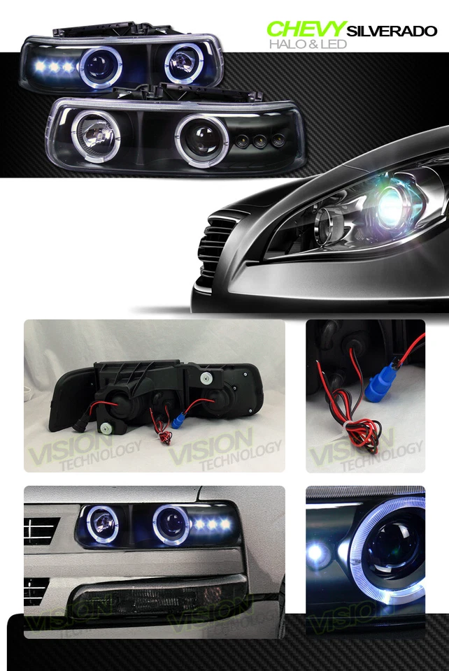 Faros proyectores LED K2 con llantas halo negras para Silverado/Suburban/Tahoe 99-06 Foto 2 de 2