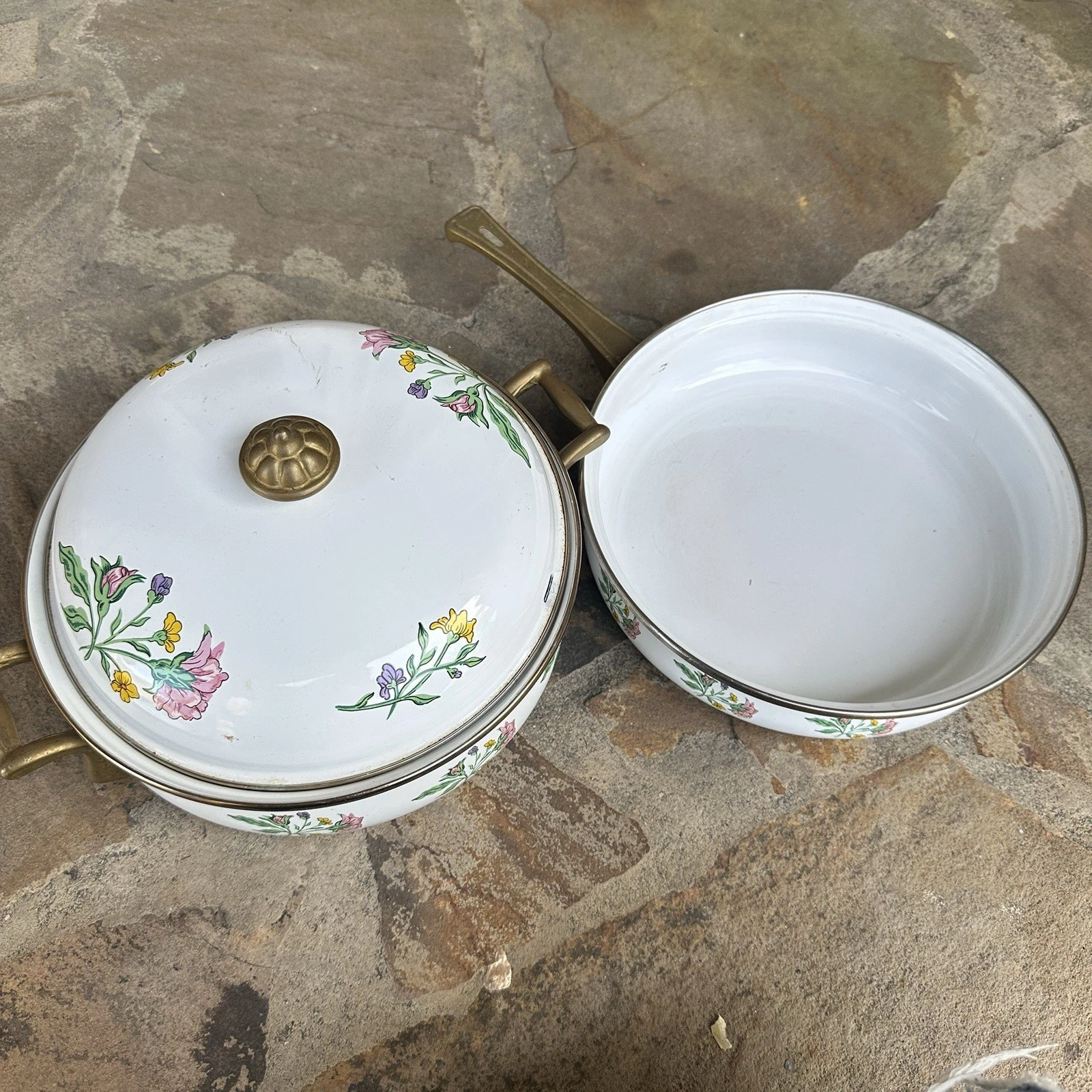 Vintage ASTA Enamel Cookware Pot 10” Floral Pattern Dutch Oven & Skillet & Lid