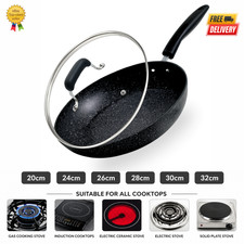 24/32 CM Wok with Lid Ceramic Non-Stick Stir-Fry Pan Induction Gas Electric Hob