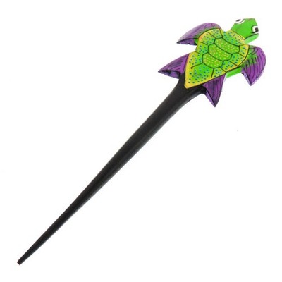 Handpainted Green Purple Turtle Natural Wood Hairstick Hair Hairpin, 6 1/4''