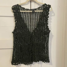 One Step Up Women’s Open Knit Crochet Top Vest S/M Forest Boho Hippie Festival