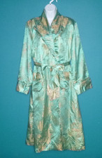 Vtg 40s 50s Aqua Gold Satin Brocade Robe Dressing Gown Asian Motif Sz S/M