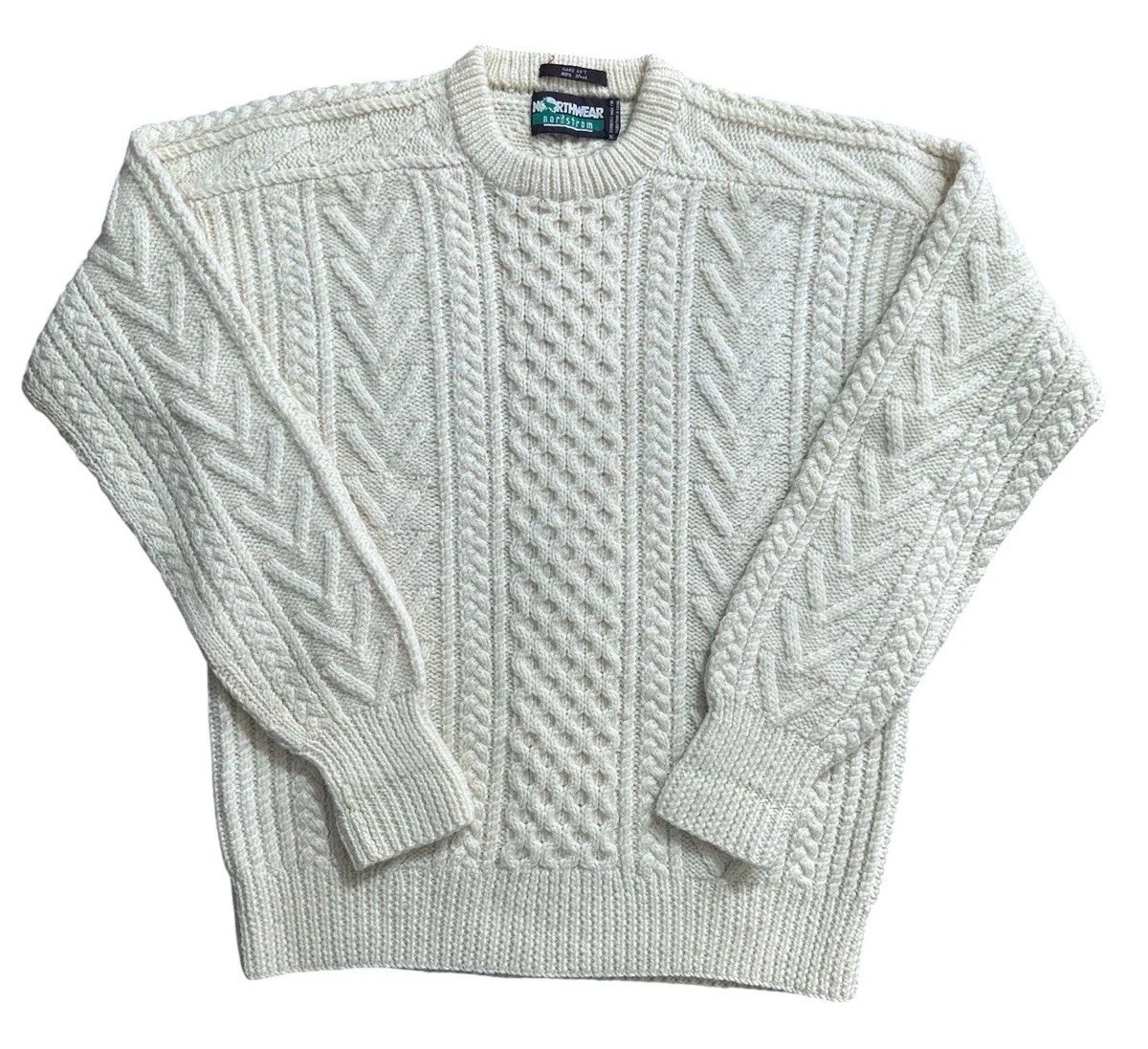 Vintage Northwear Nordstrom Hand Knit 100% Wool Cable Knit Sweater Mens XL Cream