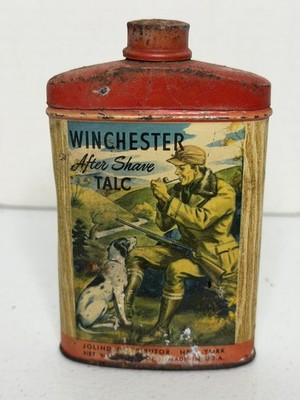 Rare Vintage Winchester After Shave Talc Tin ~ Hunter with Dog Scene