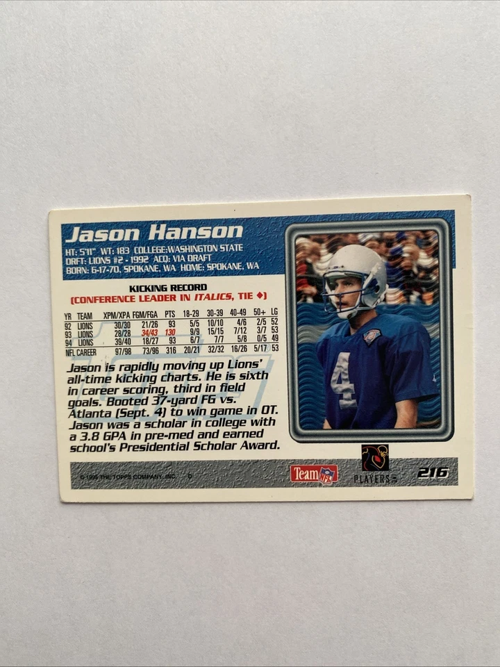 1995 Topps - Jason Hanson #216 - Image 2 of 2