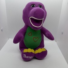 Talking Singing Barney Dinosaur Plush Toy Purple Green Hearts Untested Battery
