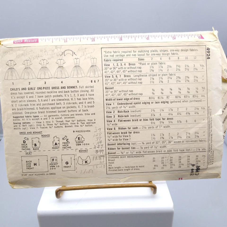 Vintage Sewing PATTERN Simplicity 4924, Girls 1963 One Piece Dress and Bonnet - Image 2 of 2