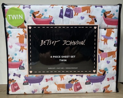 Betsey Johnson Diva Dog Pink 4 Piece Twin Bed Sheet Set Dachshund Wiener Dog