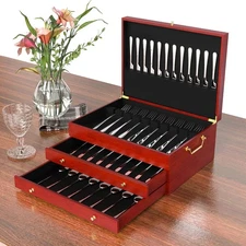Wooden Silverware Chest without Silverware Three Layer Silverware Box Storage
