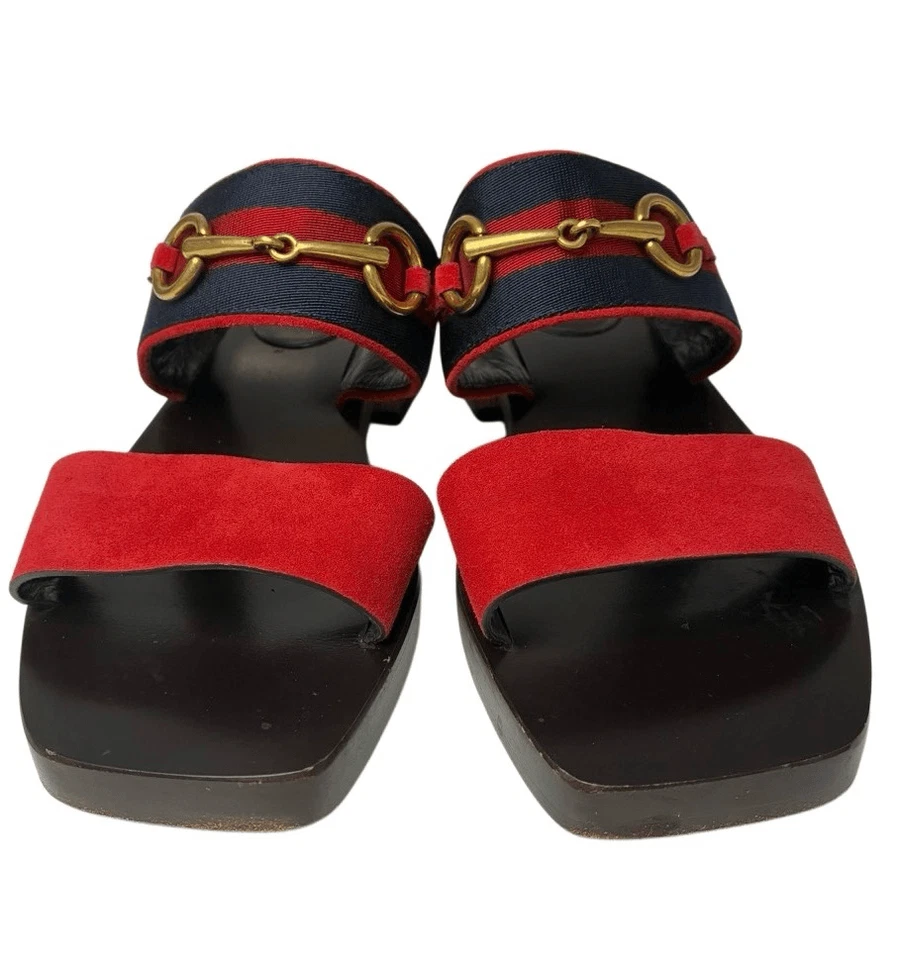 Gucci Querelle Red Suede Web Stripe Slide Heeled Wooden Sandals Women Size 36.5 - Image 3 of 4