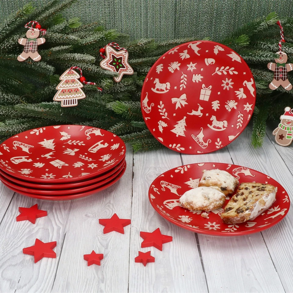 6er Set Advent Kuchenteller Ø20cm Steingut Rot Creme Weihnachten Dessert Gebäck - Bild 3 von 4