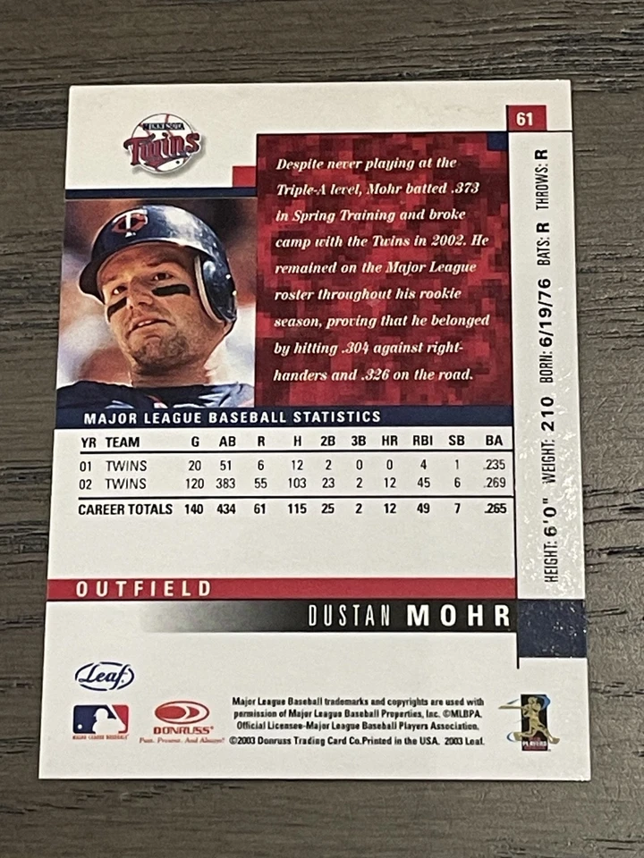 2003 Leaf Press Proof Red Dustan Mohr #61 Minnesota Twins - Image 3 of 3