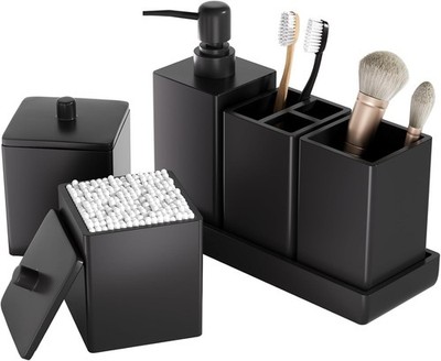 Black Bathroom Accessories Set Resin 6PCS, Square Toothbrush Holders Set