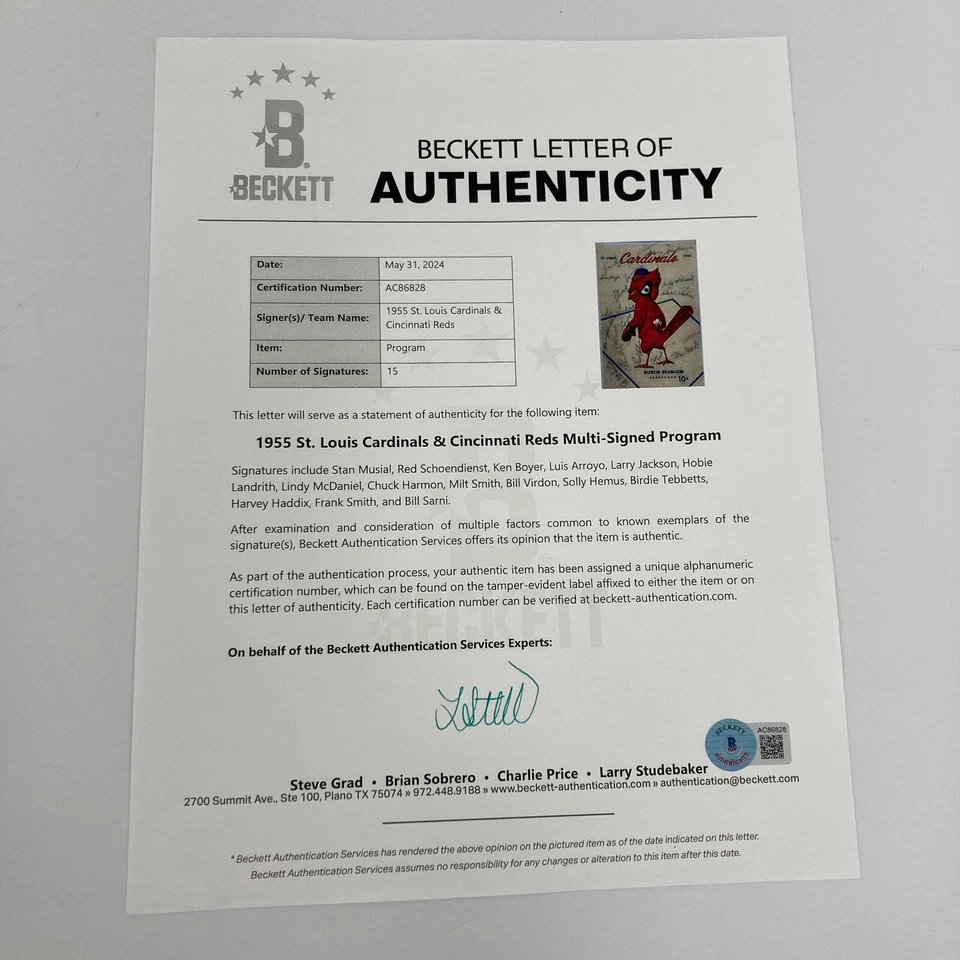 1955 St. Louis Cardinals and Cincinnati Reds Team Signed Scorecard Beckett COA - Image 3 of 4