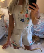 Vintage 90s Cottagecore Baby 2 Pc Set Womens Medium Floral Blouse Shirt Shorts