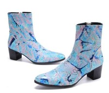 Men's Pointy Toe Printed Ankle Boots Leather Side Zip Floral Party Stage Shoes