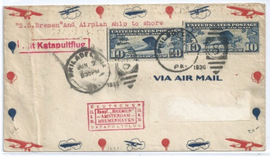 Bremen envío a tierra correo aéreo 15 de junio 1930 vuelo catapulta KATAPULTFLUG SS Bremen
