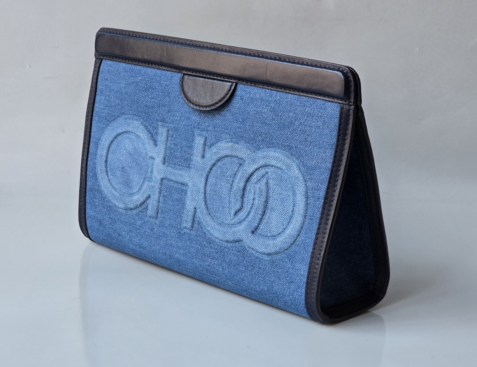 Jimmy Choo Clutch Blue Denim Navy Leather Pouch Bag CHOO Logo Large - Amazing