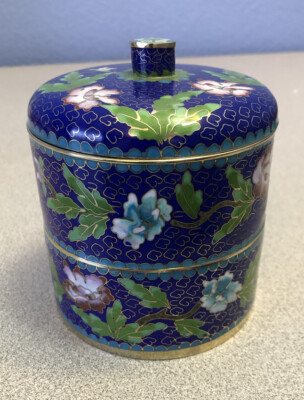  Vintage Cloisonne Enamel and Bronze Navy Blue Two Layer Large Ginger Jar