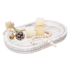 15.15 Inch Decorative Wood Serving Oval Tray - Artistic White Washed Bead Ova...