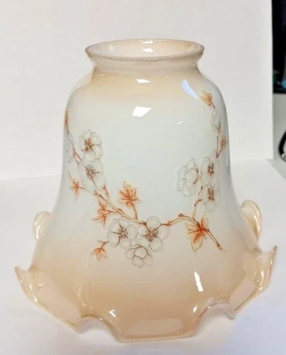 Vintage~Dogwood Floral Milk Glass Ruffled Lamp Shade White with Amber/Tan