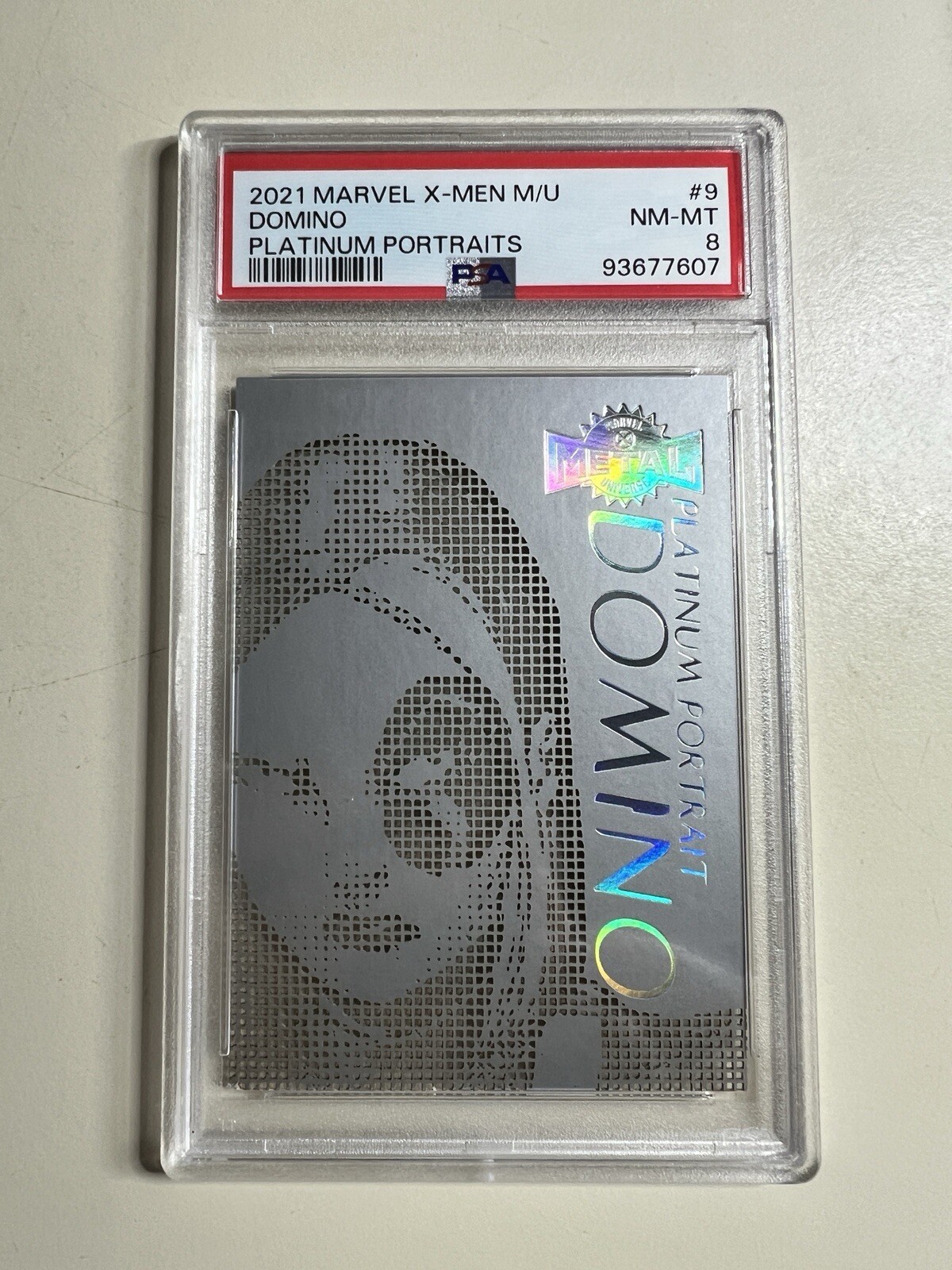 Domino #9 Marvel 2021 X-Men Metal Universe Platinum Portraits trading card — raw and PSA graded price guide