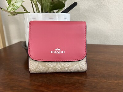 COACH Signature PVC Leather Small Trifold Wallet Chalk /Pink F53837