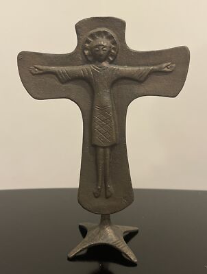 German MCM Modern Cast-Bronze Resurrexit Cross on Stand 5.5  Tall