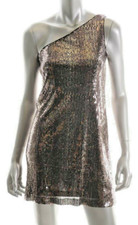 AQUA ~ Bronze & Black Sequins One Shoulder Shift Clubwear Party Dress 2 NEW $188