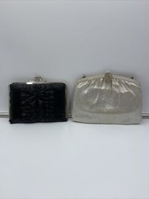 2 Vintage Small Purses Black Ruffle Wallet Style Silver Metallic Handbag
