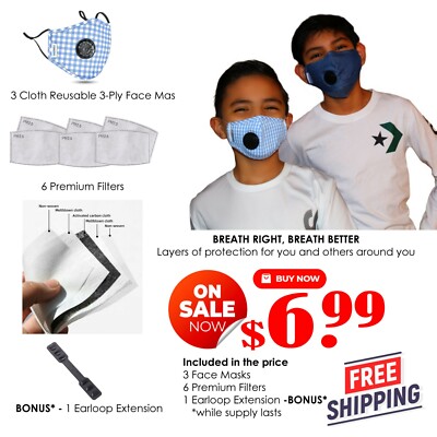 3 Reusable Kids Cloth Face Masks Checkers & 6 FREE 5 LAYER FILTERS + BONUS