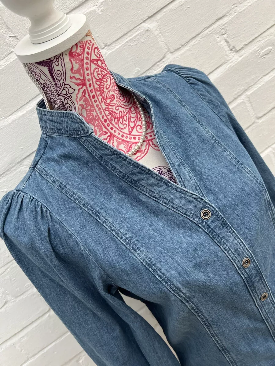 New Mint Velvet Denim Shirt UK 6 Puff Sleeve Blue V Neck Blouse