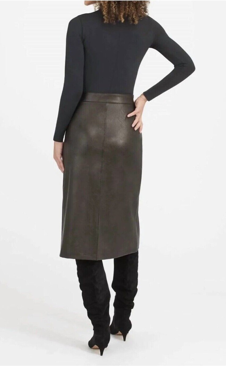 NWT Spanx Faux Leather Pull-On Black Midi Slit Skirt 20321R Women's Size S  $148