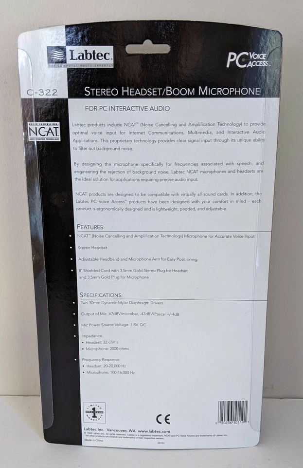 Labtec C-322 Stereo Headset/Boom Microphone New in Package - Image 2 of 2