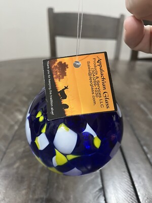 Appalachian Glass Friendship Ball Cobalt Blue Yellow Art Glass Orb Signed Blown