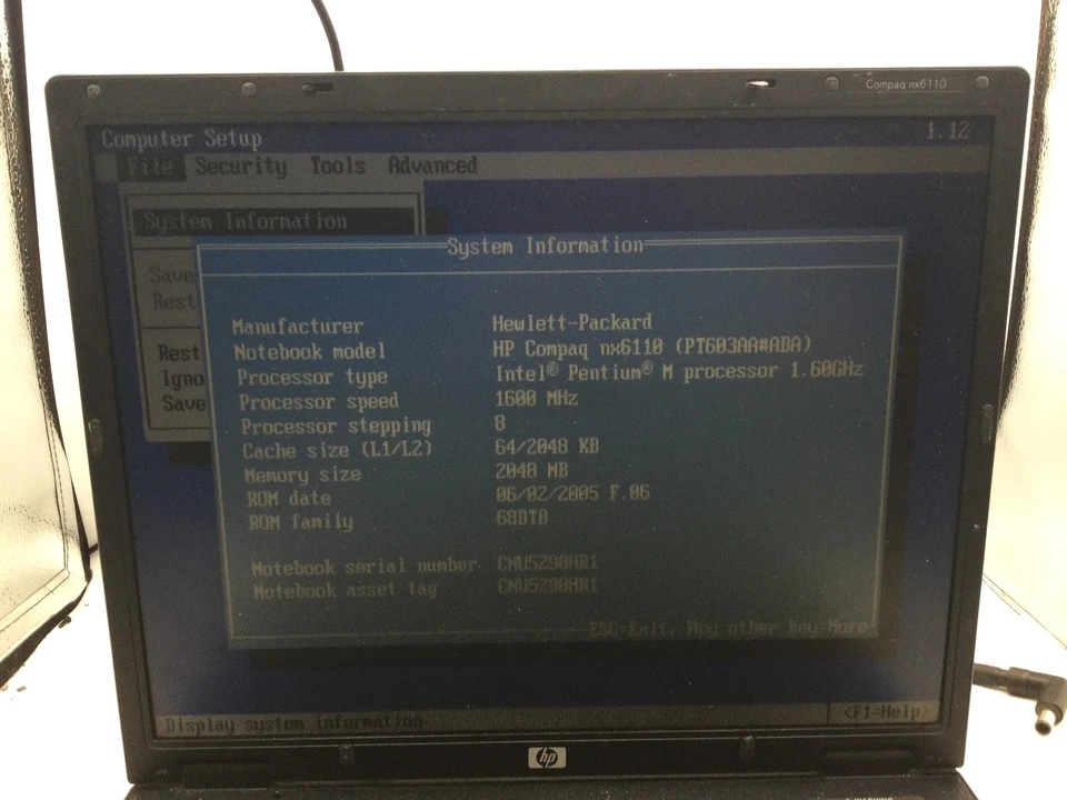 HP COMPAQ NX6110 - BOOTS TO BIOS - INTEL PENTIUM M - 2GB RAM - READ DESCRIP - BB - Image 2 of 4