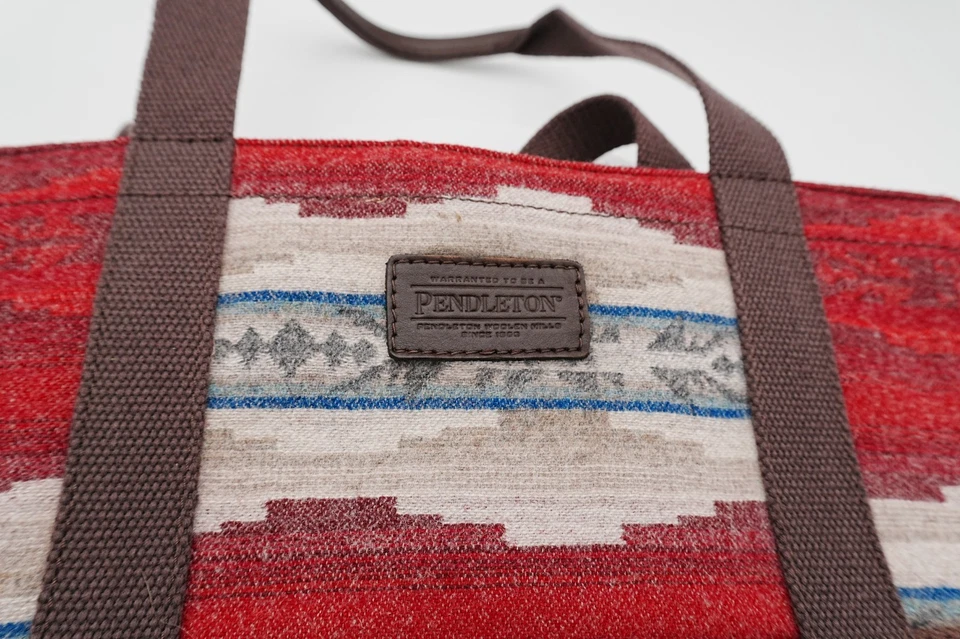 Pendleton Wool & Canvas Tote Bag Brown Red Southwest Pattern Leather Trim - Image 2 of 4