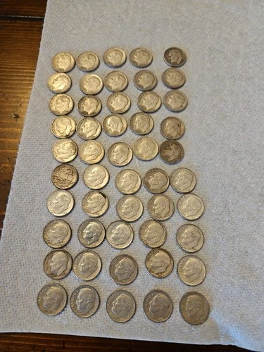 1 Roll (50 Coins) Circulated Silver Roosevelt Dimes Uncertified Worn Mostly 1964
