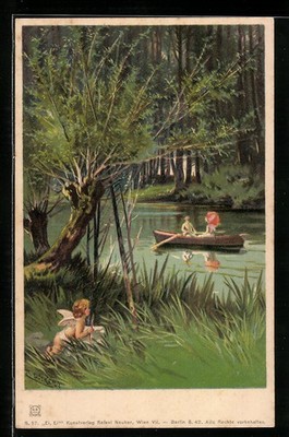 Artist postcard E. Döcker: egg, egg!, Cupid secretly watches lovers in rowing boo 