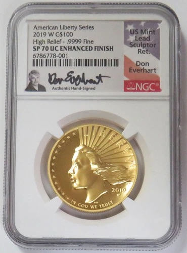 2019 W GOLD EVERHART $100 HIGH RELIEF LIBERTY 1oz COIN NGC SP 70 UC ENHANCED