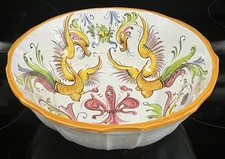 Deruta Italy Raffaellesco Hand Painted Dragon Fleur de Lis Majolica Bowl 10.75"