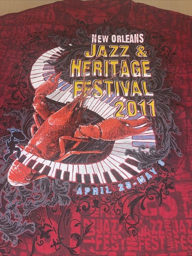 New Orleans Jazz Fest 2011 All Over Print Red T Shirt Large Crawfish Piano Large - Foto 6 di 9